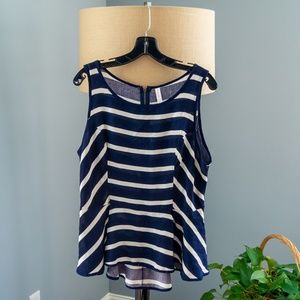 Sleeveless Navy & cream striped peplum top